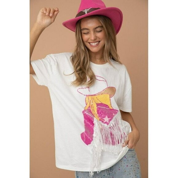 Blue B Tops - Doin' Cowgirl Things Sequin Fringe Graphic Tee in White